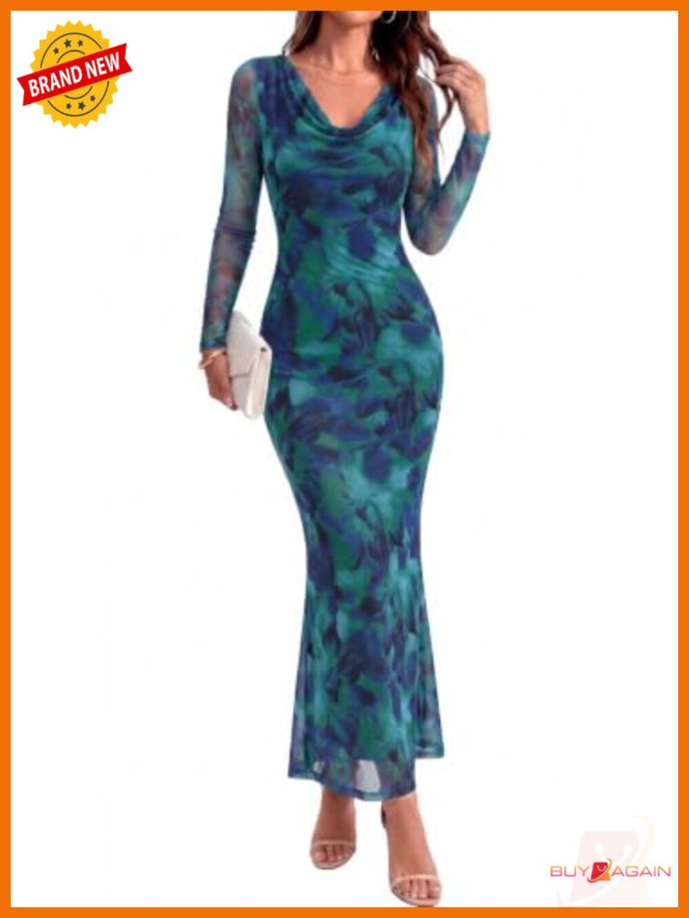 Women's Long Sleeve Floral Mesh Maxi Dress Cowl Neck Mermaid Formal